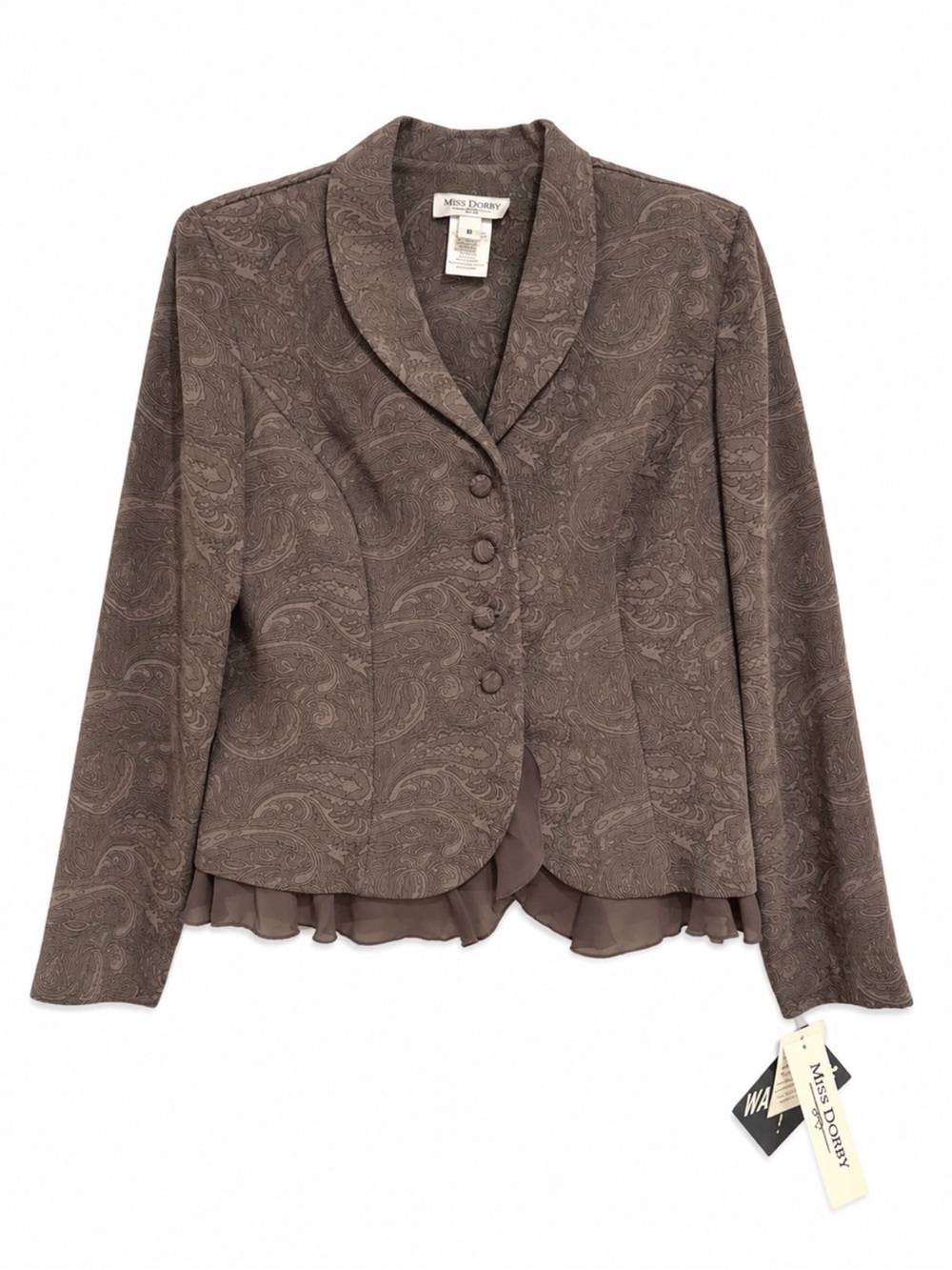 VTG NWT Deadstock Miss Dorby Grey Brown Paisley Shawl-Collar  Jacket with Ruffle